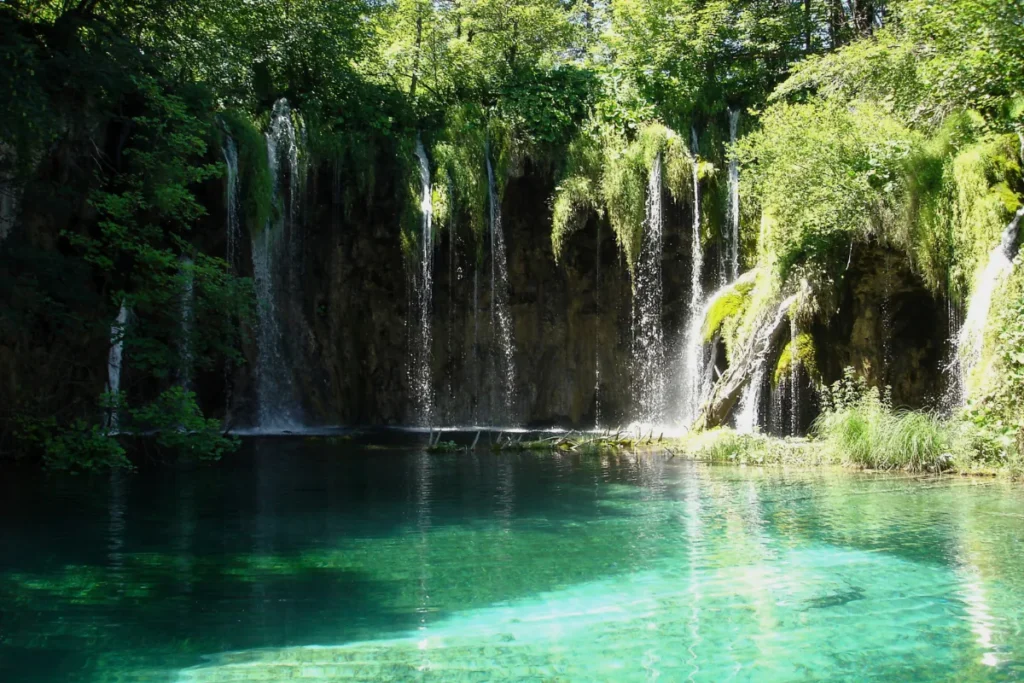 Plitvice Lakes wooden boardwalk and waterfalls