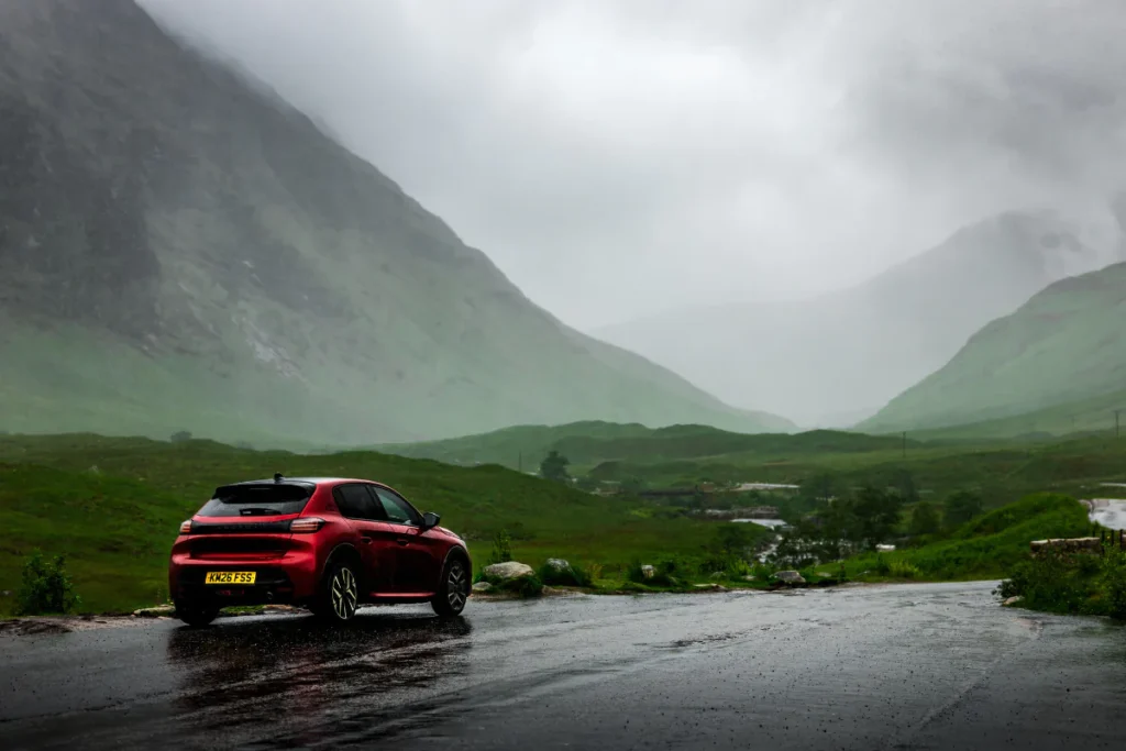 Renting a car in Scotland: car on a single-track Highland road