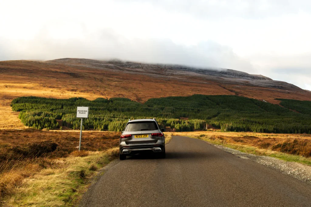 Passing place sign on a single-track road in Scotland