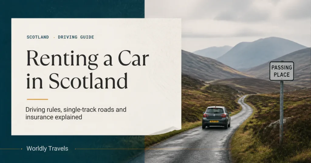 Renting a car in Scotland: car on a single-track Highland road