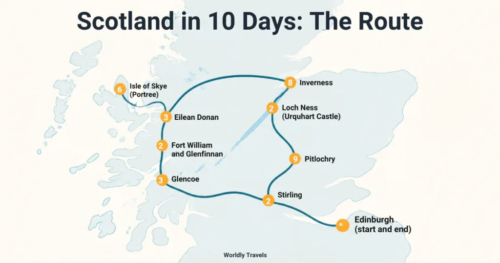 Scotland itinerary 10 days route map from Edinburgh to Skye and Inverness