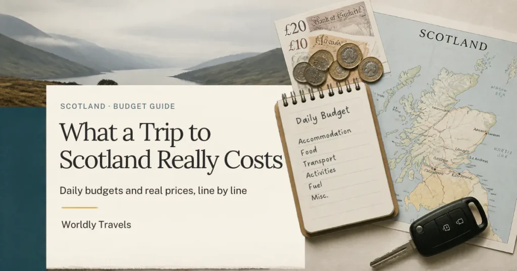 Scotland trip cost budget guide with pounds, notebook and map