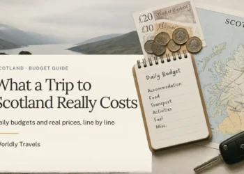 Scotland trip cost budget guide with pounds, notebook and map
