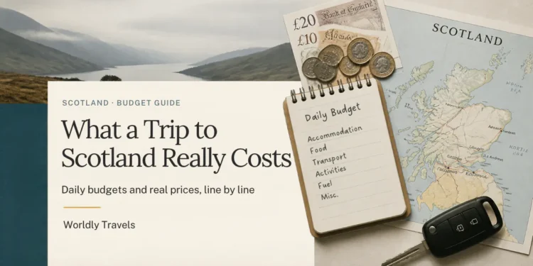 Scotland trip cost budget guide with pounds, notebook and map